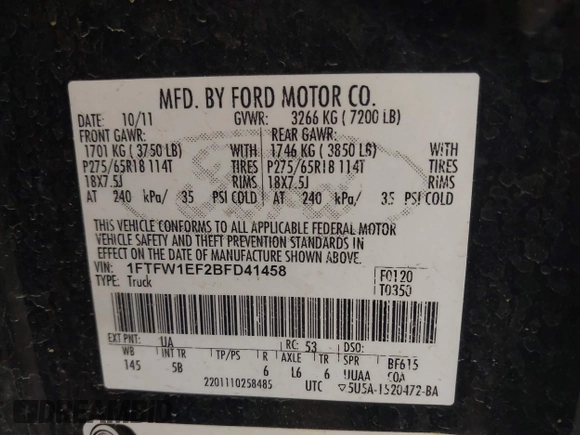 2011 Ford F-150 XL with VIN 1FTFW1EF2BFD41458, listed as a IAAI auction lot 41921176 with 248,329 mi miles and . Bid and sale history available at DreamBid. Image 9.