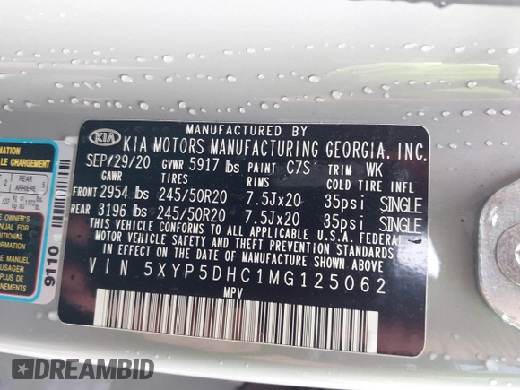 2021 Kia Telluride SX with VIN 5XYP5DHC1MG125062, listed as a IAAI auction lot 42412717 with Not provided miles and . Bid and sale history available at DreamBid. Image 9.