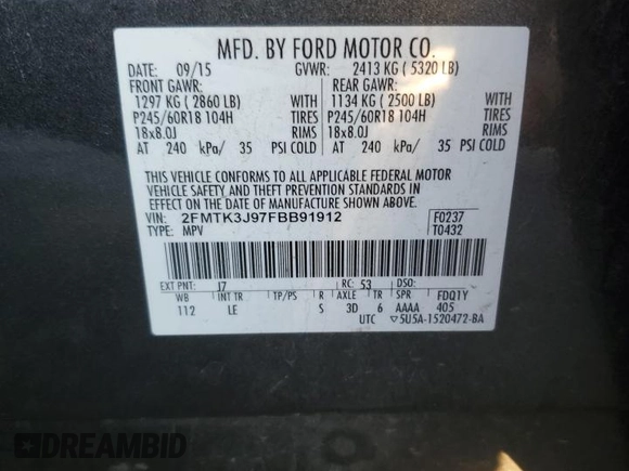 2015 Ford Edge SEL with VIN 2FMTK3J97FBB91912, listed as a Copart auction lot 82923534 with Not Provided miles and Salvage Title. Bid and sale history available at carsss.com. Image 13.
