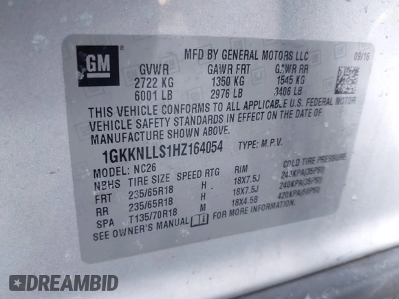 2017 GMC Acadia SLE with VIN 1GKKNLLS1HZ164054, listed as a IAAI auction lot 41542449 with 201,936 mi miles. Bid and sale history available at carsss.com. Image 9.