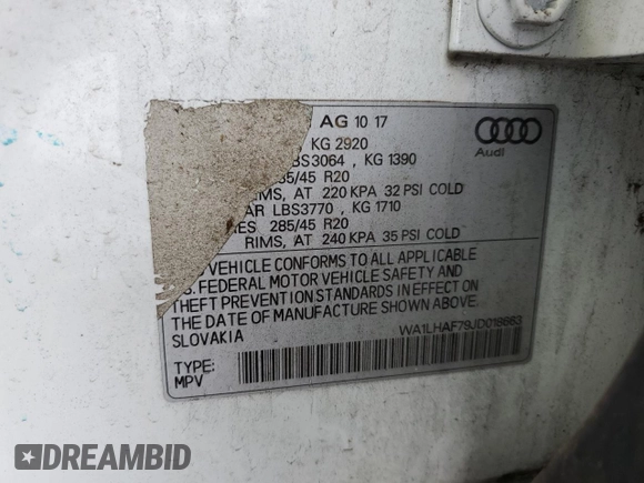 2018 Audi Q7 Premium Plus с VIN WA1LHAF79JD018663, выставлен на аукционе Copart как лот 60063345 с пробегом 134 946 миль миль и Списание • Salvage title. История ставок и продаж доступна на DreamBid. Изображение 13.