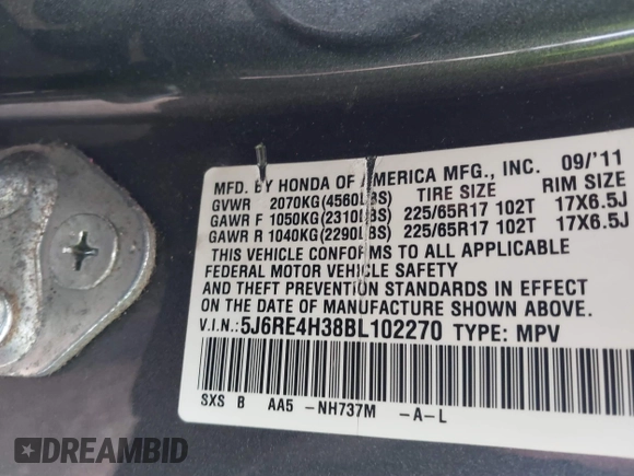 2011 Honda CR-V LX with VIN 5J6RE4H38BL102270, listed as a IAAI auction lot 41891728 with 234,215 mi miles. Bid and sale history available at carsss.com. Image 9.