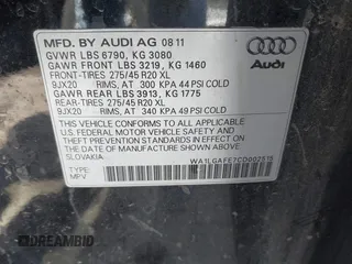 2012 Audi Q7 3.0T Premium Plus with VIN WA1LGAFE7CD002515, listed as a IAAI auction lot 41889054 with 130,442 mi miles. Bid and sale history available at carsss.com. Image 9.