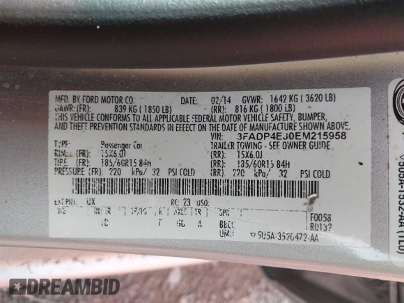 2014 Ford Fiesta SE with VIN 3FADP4EJ0EM215958, listed as a IAAI auction lot 42001168 with 115,231 mi miles and . Bid and sale history available at DreamBid. Image 9.