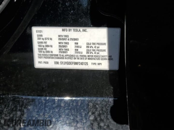 2021 Tesla Model Y Performance with VIN 5YJYGDEF9MF240125, listed as a Copart auction lot 88495425 with 45,829 mi miles and Salvage Title. Bid and sale history available at DreamBid. Image 12.