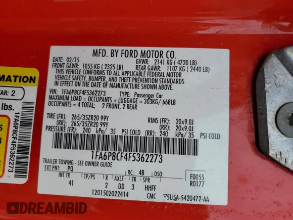 2015 Ford Mustang GT with VIN 1FA6P8CF4F5362273, listed as a Copart auction lot 47681355 with 88,927 mi miles and Salvage Title. Bid and sale history available at carsss.com. Image 14.