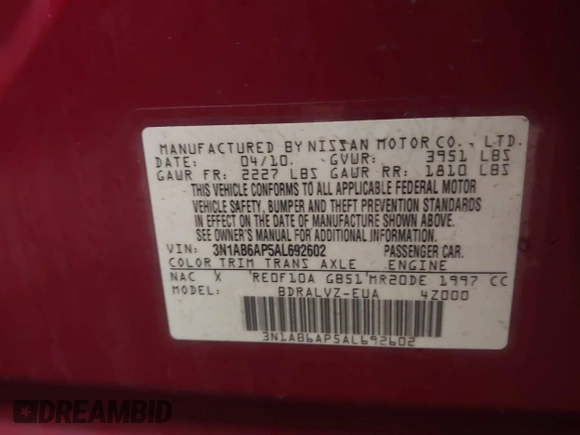 2010 Nissan Sentra S with VIN 3N1AB6AP5AL692602, listed as a IAAI auction lot 41726410 with 178,908 mi miles and . Bid and sale history available at DreamBid. Image 9.