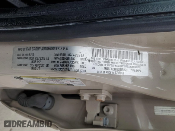 2014 FIAT 500L Lounge with VIN ZFBCFACH1EZ018158, listed as a Copart auction lot 44013195 with 113,260 mi miles and Clean Title. Bid and sale history available at DreamBid. Image 13.