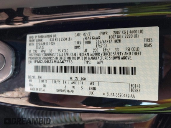 2021 Ford Escape SE Hybrid с VIN 1FMCU0BZ4MUA67773, выставлен на аукционе IAAI как лот 42398745 с пробегом 93 862 миль миль и . История ставок и продаж доступна на DreamBid. Изображение 9.