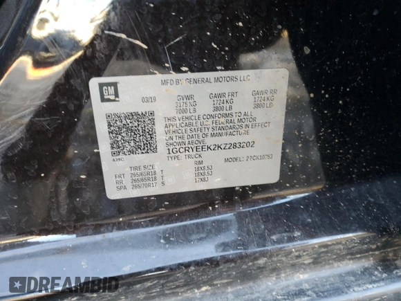2019 Chevrolet Silverado 1500 RST with VIN 1GCRYEEK2KZ283202, listed as a Copart auction lot 89362205 with 111,596 mi miles and Salvage Title. Bid and sale history available at DreamBid. Image 12.
