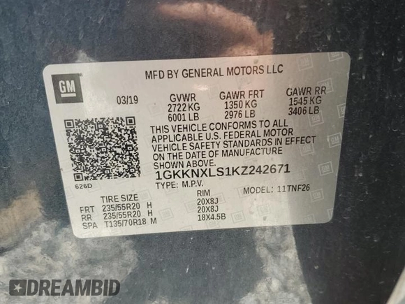 2019 GMC Acadia Denali with VIN 1GKKNXLS1KZ242671, listed as a Copart auction lot 52595325 with 54,411 mi miles and Salvage Title. Bid and sale history available at carsss.com. Image 16.