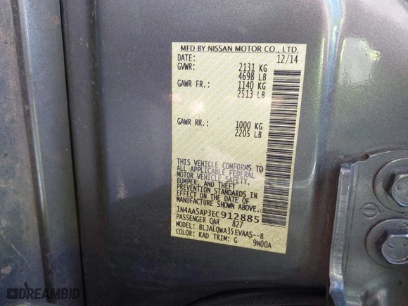 2014 Nissan Maxima 3.5 SV with VIN 1N4AA5AP3EC912885, listed as a IAAI auction lot 41356357 with 125,336 mi miles. Bid and sale history available at carsss.com. Image 9.