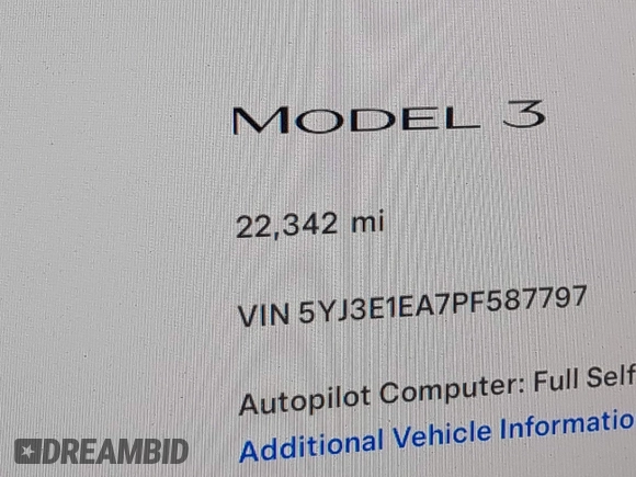 2023 Tesla Model 3 с VIN 5YJ3E1EA7PF587797, выставлен на аукционе IAAI как лот 42293954 с пробегом 22 342 миль миль и . История ставок и продаж доступна на DreamBid. Изображение 16.