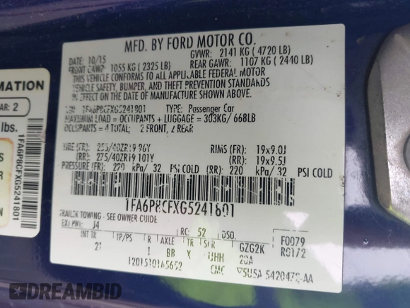 2016 Ford Mustang GT with VIN 1FA6P8CFXG5241801, listed as a IAAI auction lot 42345119 with 105,927 mi miles and . Bid and sale history available at DreamBid. Image 9.