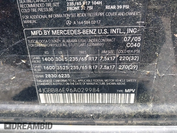 2006 Mercedes-Benz M 350 with VIN 4JGBB86E96A029984, listed as a IAAI auction lot 42145502 with 227,159 mi miles and . Bid and sale history available at DreamBid. Image 9.