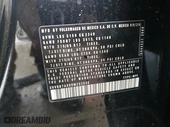 2024 Volkswagen Tiguan S с VIN 3VVRB7AX8RM202635, выставлен на аукционе Copart как лот 54841155 с пробегом Не указан миль и На запчасти • Non repairable. История ставок и продаж доступна на DreamBid. Изображение 13.