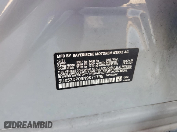 2022 BMW X3 xDrive30i with VIN 5UX53DP09N9K71795, listed as a Copart auction lot 49472915 with 39,070 mi miles and Salvage Title. Bid and sale history available at DreamBid. Image 15.