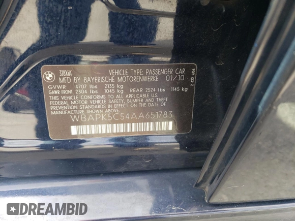 2010 BMW 3 Series 328i xDrive with VIN WBAPK5C54AA651783, listed as a Copart auction lot 47863005 with 150,640 mi miles and Clean title. Bid and sale history available at DreamBid. Image 12.