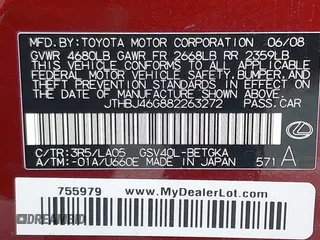 2008 Lexus ES 350 with VIN JTHBJ46G882263272, listed as a IAAI auction lot 42139070 with 144,604 mi miles. Bid and sale history available at carsss.com. Image 9.