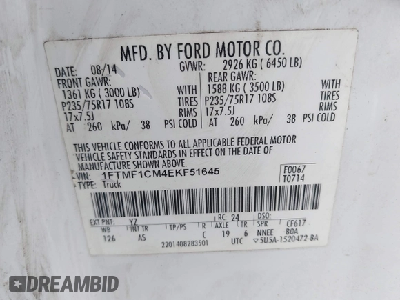 2014 Ford F-150 XL с VIN 1FTMF1CM4EKF51645, выставлен на аукционе IAAI как лот 42604754 с пробегом 296 903 миль миль и . История ставок и продаж доступна на DreamBid. Изображение 9.