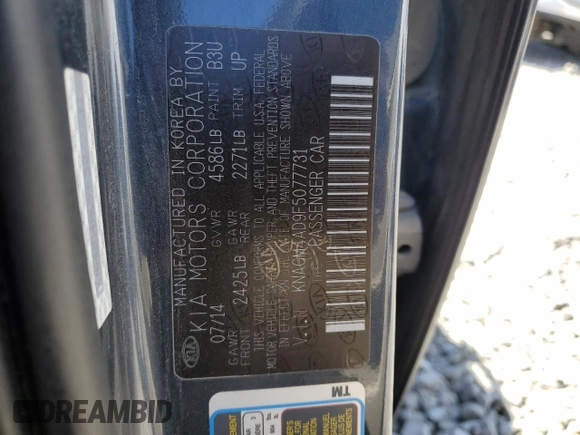 2015 Kia Optima with VIN KNAGM4AD9F5077731, listed as a Copart auction lot 56662115 with 202,872 mi miles and Clean title. Bid and sale history available at DreamBid. Image 12.