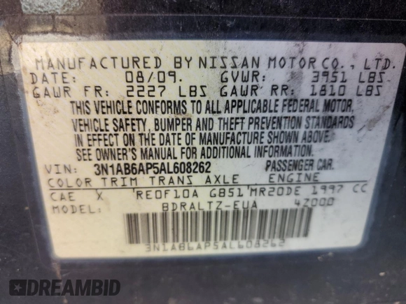 2010 Nissan Sentra S with VIN 3N1AB6AP5AL608262, listed as a Copart auction lot 62288785 with 150,603 mi miles and Salvage title. Bid and sale history available at DreamBid. Image 12.