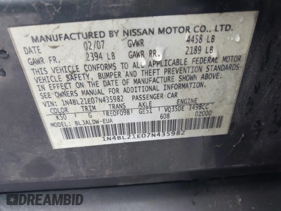 2007 Nissan Altima SL with VIN 1N4BL21E07N435982, listed as a IAAI auction lot 42044317 with 165,875 mi miles and . Bid and sale history available at carsss.com. Image 9.
