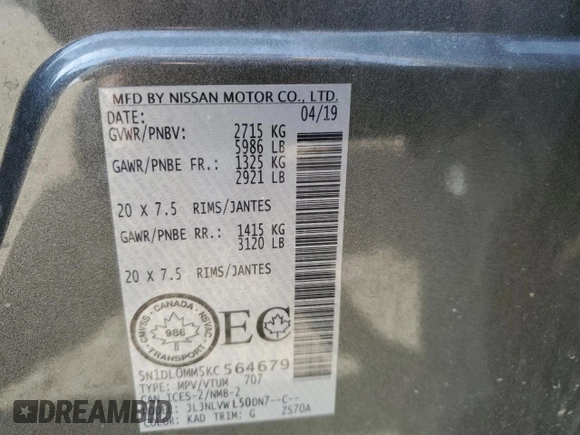 2019 Infiniti QX60 Luxe z VIN 5N1DL0MM5KC564679, wystawiony jako Copart lot #56152085 z przebiegiem 166 506 mil mil oraz Szkoda całkowita • Salvage title. Historia ofert i sprzedaży dostępna na DreamBid. Obrazek 13.
