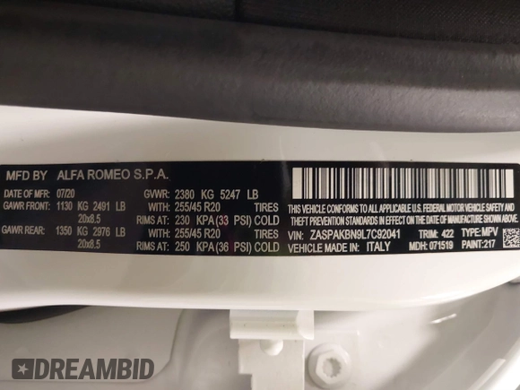 2020 Alfa Romeo Stelvio Ti z VIN ZASPAKBN9L7C92041, wystawiony jako IAAI lot #41329129 z przebiegiem 47 977 mil mil oraz . Historia ofert i sprzedaży dostępna na DreamBid. Obrazek 9.