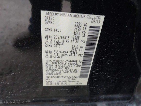 2015 Nissan Murano Platinum with VIN 5N1AZ2MH6FN265650, listed as a IAAI auction lot 41612842 with 1 mi miles. Bid and sale history available at carsss.com. Image 9.