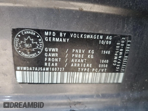 2010 Volkswagen Golf с VIN WVWDA7AJ5AW160727, выставлен на аукционе Copart как лот 69424144 с пробегом Не указан миль и Чистый • Clean title. История ставок и продаж доступна на DreamBid. Изображение 12.