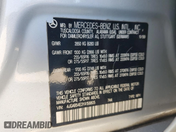 2000 Mercedes-Benz M-Class with VIN 4JGAB54E3YA158805, listed as a Copart auction lot 78047374 with 234,568 mi miles and Salvage Title. Bid and sale history available at carsss.com. Image 13.