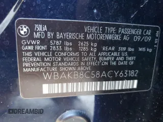 2010 BMW 7 Series 750Li with VIN WBAKB8C58ACY63182, listed as a Copart auction lot 87037964 with 83,484 mi miles and Salvage title. Bid and sale history available at DreamBid. Image 14.