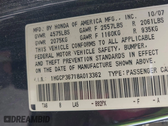 2008 Honda Accord EX with VIN 1HGCP36718A013362, listed as a IAAI auction lot 42256640 with 244,843 mi miles and . Bid and sale history available at DreamBid. Image 9.