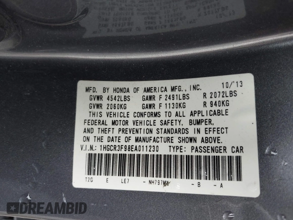 2014 Honda Accord Touring with VIN 1HGCR3F98EA011230, listed as a IAAI auction lot 42310754 with 97,531 mi miles and . Bid and sale history available at DreamBid. Image 9.