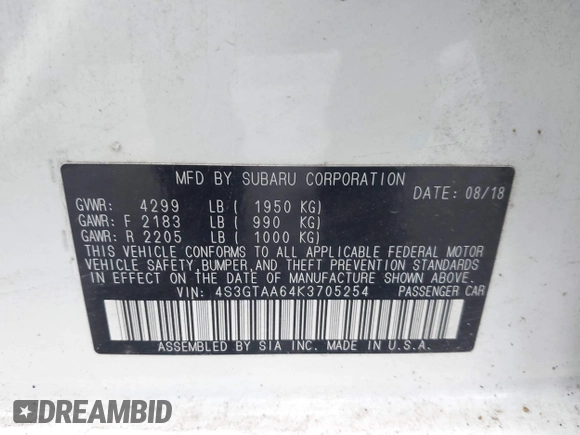 2019 Subaru Impreza с VIN 4S3GTAA64K3705254, выставлен на аукционе IAAI как лот 42325650 с пробегом 11 109 миль миль и . История ставок и продаж доступна на DreamBid. Изображение 9.