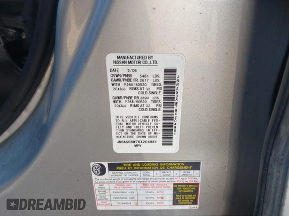 2006 Infiniti FX with VIN JNRAS08W76X204981, listed as a IAAI auction lot 42008496 with 161,062 mi miles and . Bid and sale history available at DreamBid. Image 9.