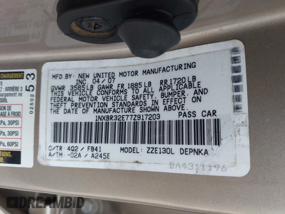 2007 Toyota Corolla CE with VIN 1NXBR32E77Z917203, listed as a IAAI auction lot 41706504 with 168,646 mi miles and . Bid and sale history available at DreamBid. Image 9.