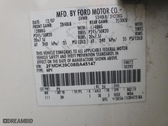 2008 Ford Edge Limited with VIN 2FMDK39C08BA45147, listed as a Copart auction lot 49298685 with 220,643 mi miles and Salvage Title. Bid and sale history available at carsss.com. Image 15.