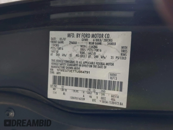 2007 Ford Explorer XLT with VIN 1FMEU73E77UB64791, listed as a IAAI auction lot 42493770 with 99,141 mi miles and . Bid and sale history available at DreamBid. Image 9.