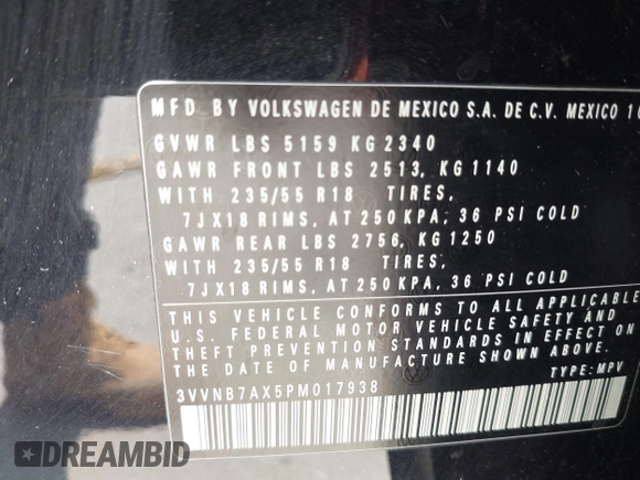 2023 Volkswagen Tiguan SE with VIN 3VVNB7AX5PM017938, listed as a IAAI auction lot 42453818 with 177,906 mi miles and . Bid and sale history available at DreamBid. Image 9.