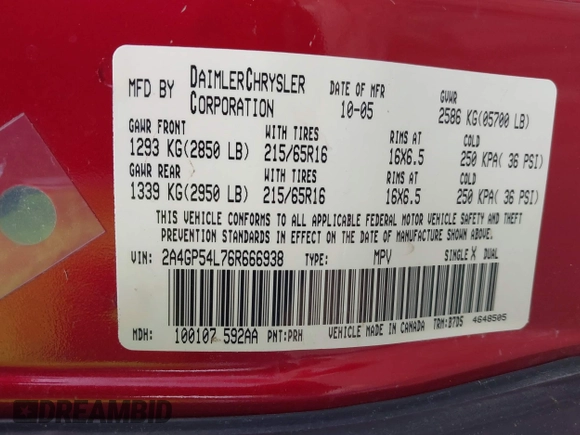2006 Chrysler Town & Country Touring with VIN 2A4GP54L76R666938, listed as a IAAI auction lot 42270772 with 143,081 mi miles and . Bid and sale history available at DreamBid. Image 9.