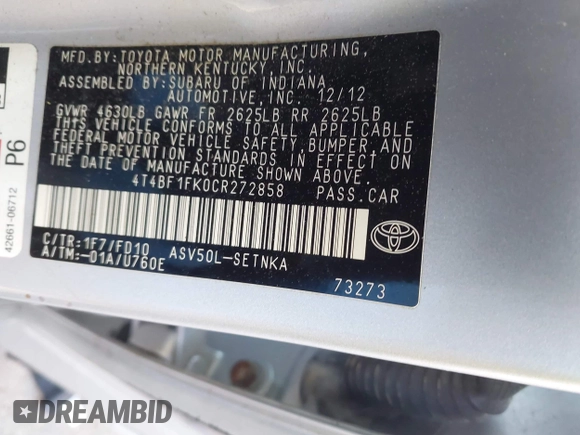 2012 Toyota Camry L with VIN 4T4BF1FK0CR272858, listed as a IAAI auction lot 42000953 with 130,612 mi miles. Bid and sale history available at carsss.com. Image 9.