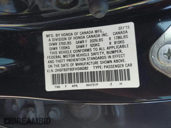 2015 Honda Civic Sedan EX-L with VIN 2HGFB2F90FH546082, listed as a IAAI auction lot 41849194 with 121,161 mi miles. Bid and sale history available at carsss.com. Image 9.