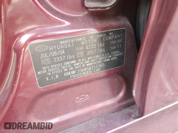 2005 Hyundai Sonata GLS with VIN KMHWF35H45A111365, listed as a Copart auction lot 53853035 with 90,555 mi miles and Salvage Title. Bid and sale history available at carsss.com. Image 12.