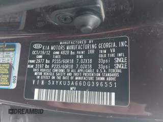 2013 Kia Sorento EX with VIN 5XYKU3A66DG396551, listed as a IAAI auction lot 41913927 with 136,685 mi miles. Bid and sale history available at carsss.com. Image 9.