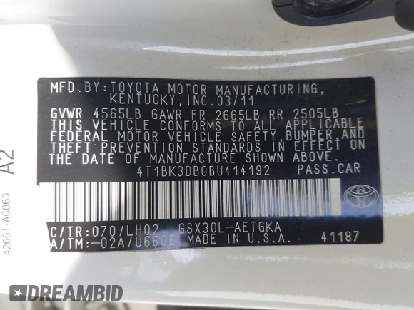 2011 Toyota Avalon with VIN 4T1BK3DB0BU414192, listed as a IAAI auction lot 42099301 with 220,967 mi miles and . Bid and sale history available at carsss.com. Image 9.