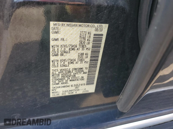 2010 Nissan Pathfinder S with VIN 5N1AR1NB0AC630249, listed as a Copart auction lot 63327905 with 119,913 mi miles and Salvage title. Bid and sale history available at DreamBid. Image 13.