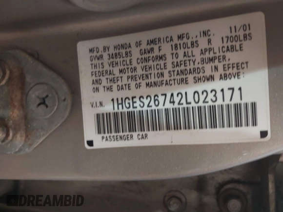 2002 Honda Civic EX with VIN 1HGES26742L023171, listed as a IAAI auction lot 41847192 with 193,504 mi miles and . Bid and sale history available at DreamBid. Image 9.