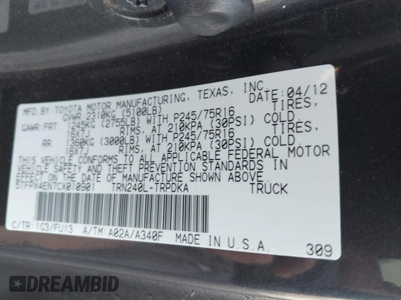 2012 Toyota Tacoma with VIN 5TFPX4EN7CX010901, listed as a IAAI auction lot 41963689 with 183,579 mi miles and . Bid and sale history available at DreamBid. Image 9.